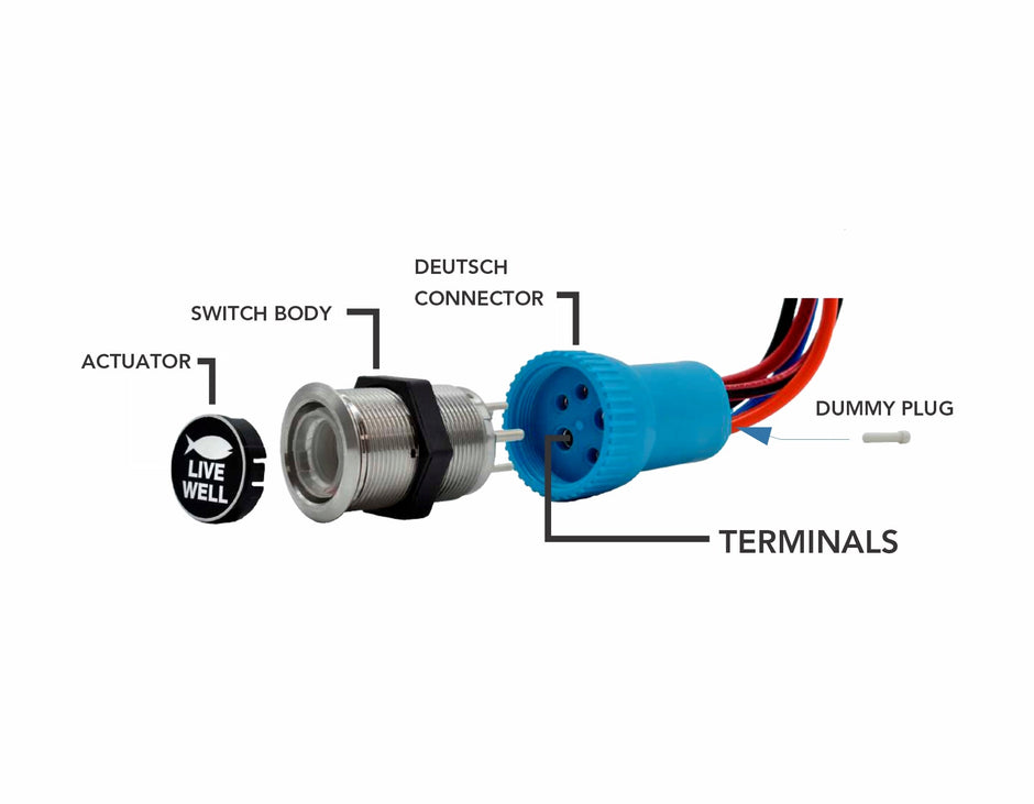 Bluewater 22mm push button switch exploded view: actuator, stainless switch body, nut and Deutsch-style connector