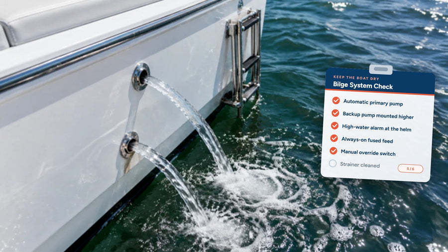 Two bilge pump outlets discharging water from the side of a center console hull, with a bilge system checklist