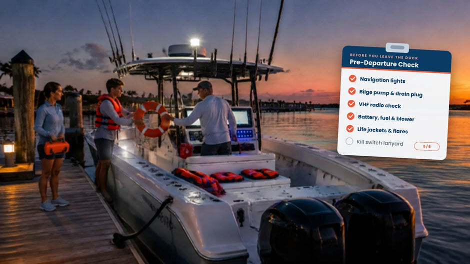 Boaters running a pre-departure safety check on a center console at the dock at dusk, with a pre-departure checklist card