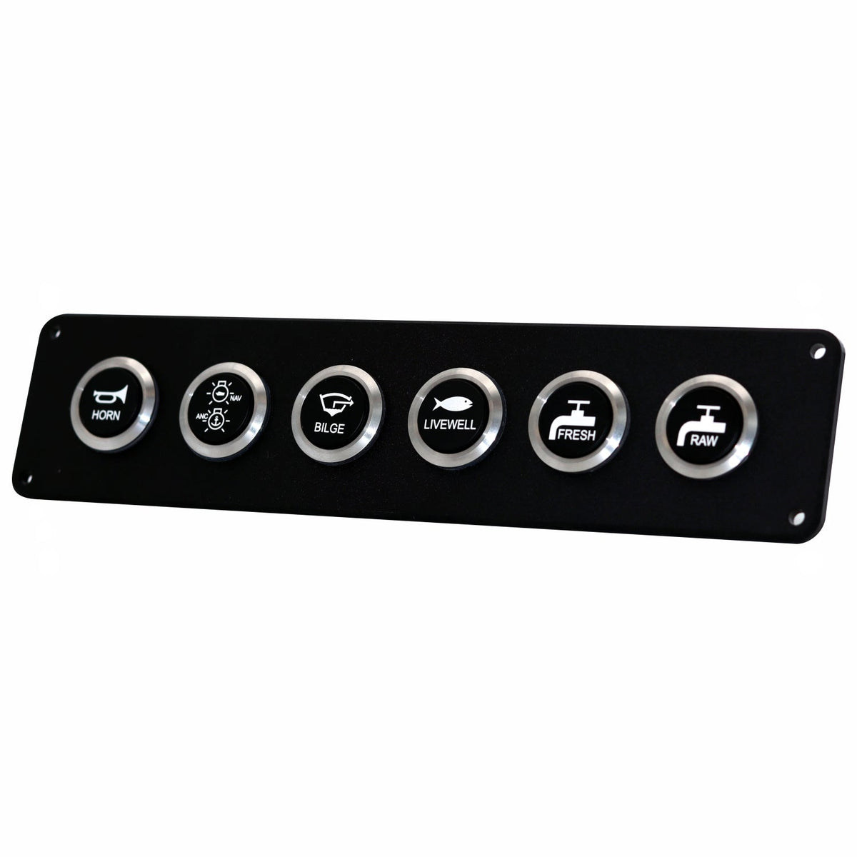 A black rectangular marine control panel with six circular silver buttons labeled Horn, Blower, Blac, Livewell, Fresh, and Raw, shown on a plain white background.