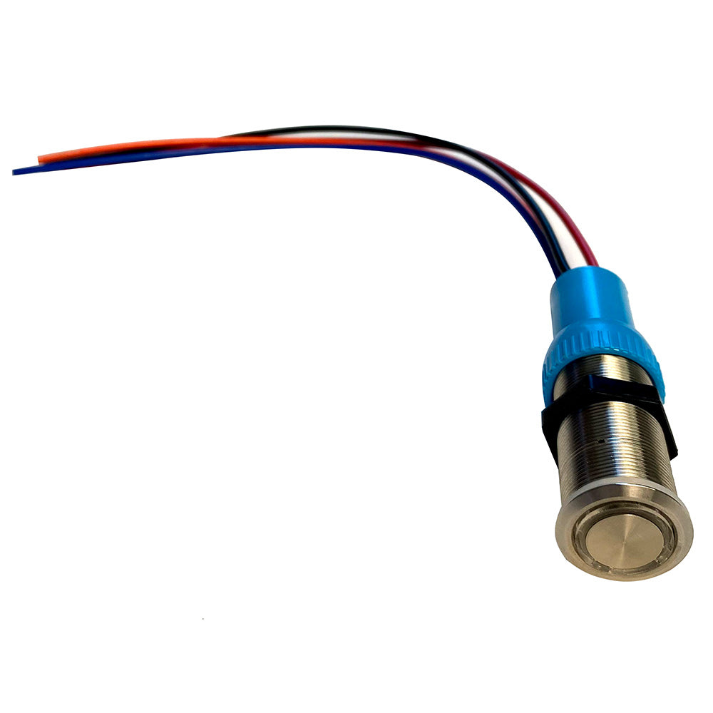22mm push button switch side/rear view showing threaded metal body, mounting nut and colored 4-wire lead bundle