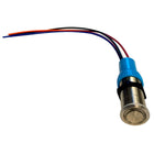 Angled side view of 22mm pushbutton switch showing threaded body, nut, blue collar and wires.