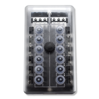 Front view of breaker block with translucent cover revealing 12 rubber boots, central knob and top terminals.