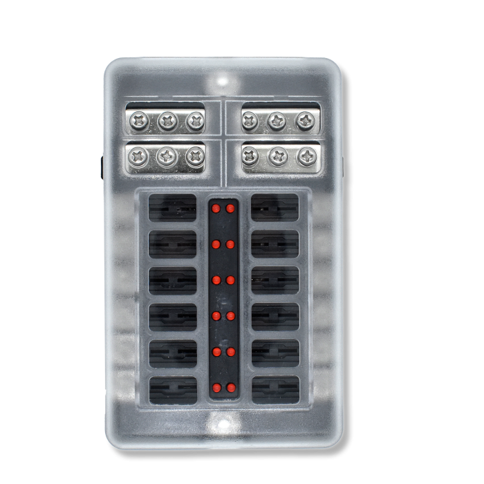 Bluewater fuse block front view with translucent cover, top screw terminals and column of red LED indicators