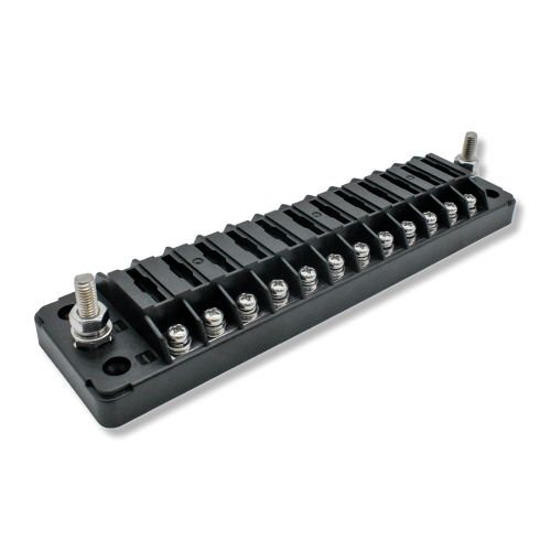 Bluewater 12-position ATC fuse block, angled view showing 12 terminal screws, two studs and mounting holes.