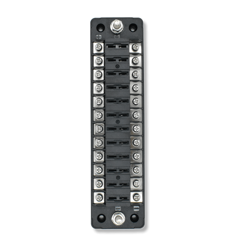 Front view of 12-position ATC fuse block showing screw terminals, fuse slots and power/ground studs