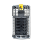 Front view of Bluewater fuse block with translucent cover showing 12 slots, yellow latch and mounting hole.