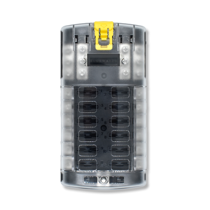 Front view of Bluewater fuse block with translucent cover showing 12 slots, yellow latch and mounting hole.