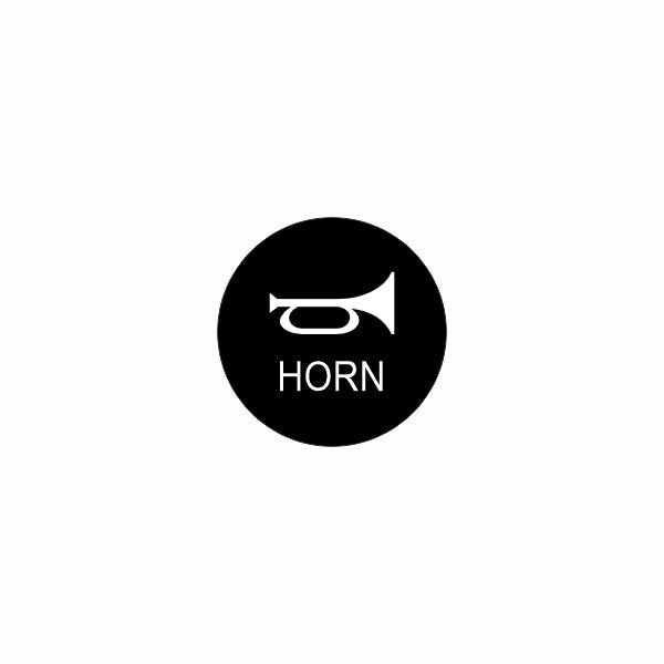 Front view of horn actuator's black circular push button showing white horn icon and "HORN" label.