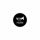 Front view of horn actuator's black circular push button showing white horn icon and "HORN" label.