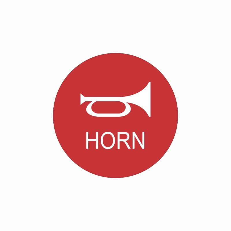 Red circular actuator button face showing white horn icon and 'HORN' label, front view