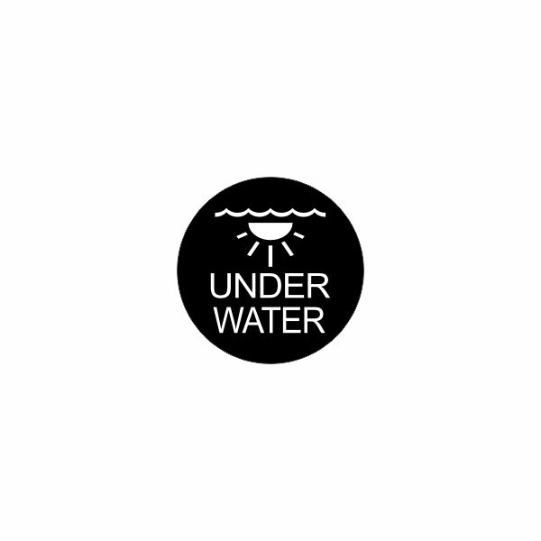 Actuator underwater-use icon showing black circle with wave, lamp graphic and 'UNDER WATER' text