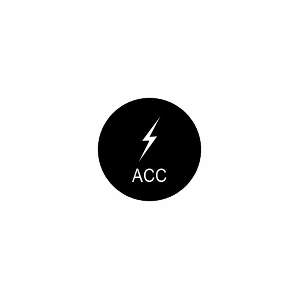 Front view of actuator face: black round cap with white lightning bolt icon and "ACC" label.