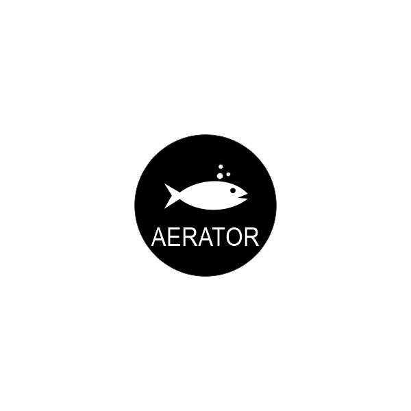 Black circular label showing a white fish with bubbles and the word AERATOR centered