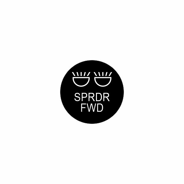 Circular black actuator label showing twin spreader icon above stacked 'SPRDR FWD' text