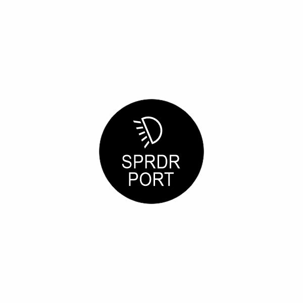 Front view of black circular actuator cap with lamp icon and 'SPRDR PORT' label