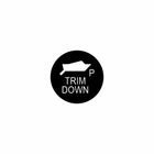 Close-up of 22mm actuator button face showing black round label with boat icon, "TRIM DOWN" text and "P" marker.