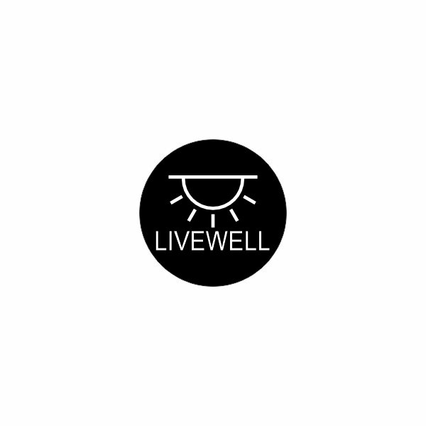 Close-up of black circular Livewell icon showing sun/ray graphic and 'LIVEWELL' label