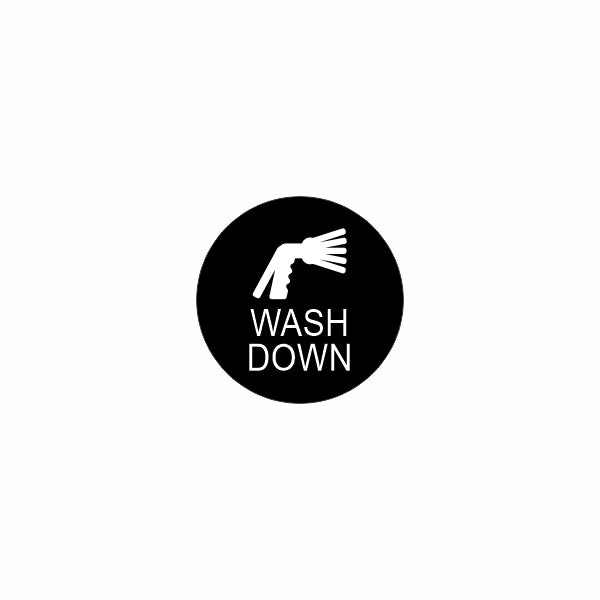 22mm actuator front face: black circular washdown symbol with spray nozzle and 'WASH DOWN' text