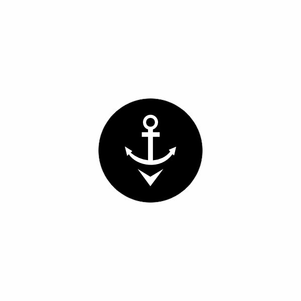 Front view of windlass down actuator's round black button face showing white anchor and downward arrow symbol.