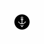 Front view of windlass down actuator's round black button face showing white anchor and downward arrow symbol.