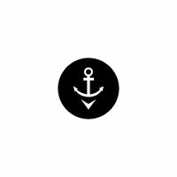 Front view of windlass down actuator's round black button face showing white anchor and downward arrow symbol.