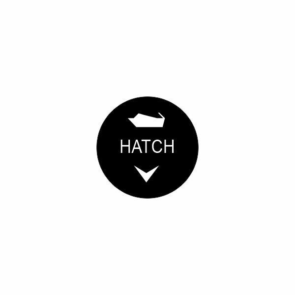 Front view of actuator button face showing "HATCH" text with a hatch icon above and a down arrow below