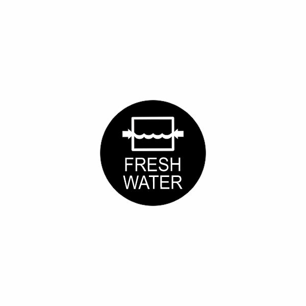 Fresh water compatibility icon for actuator, black circle with tank outline, wavy level, arrows and "FRESH WATER" label