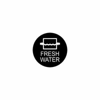 Fresh water compatibility icon for actuator, black circle with tank outline, wavy level, arrows and "FRESH WATER" label