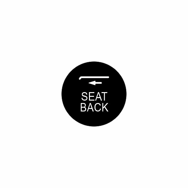 Close-up of round black actuator button face labeled "SEAT BACK" with a left-pointing arrow