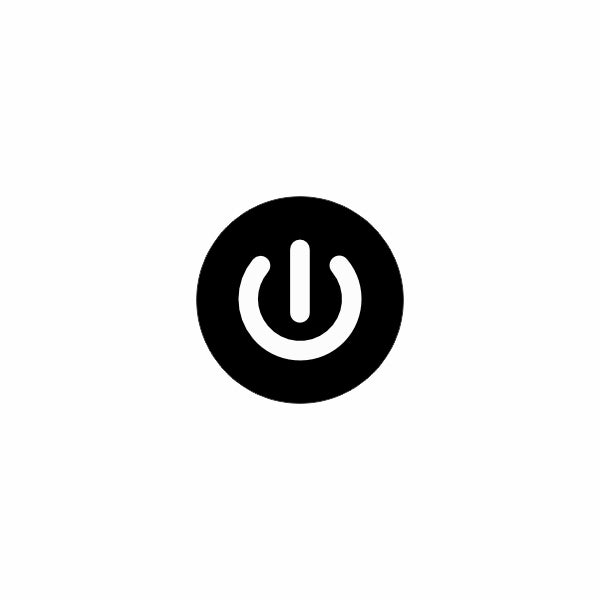 Front view of the 22mm actuator's black round faceplate showing a white power icon