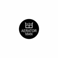 Front view of circular black badge showing white "AERATOR MAN" text with dual-aerator icon