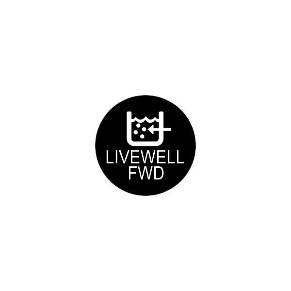 Circular black badge with a livewell symbol and "LIVEWELL FWD" text indicating forward livewell function