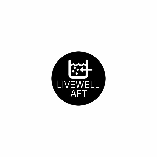 Black circular label showing a livewell icon and the text "LIVEWELL AFT," indicating aft control location.