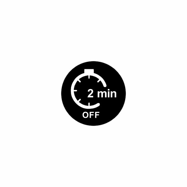 Actuator control icon detail: circular timer graphic labeled "2 min" with "OFF" indicator