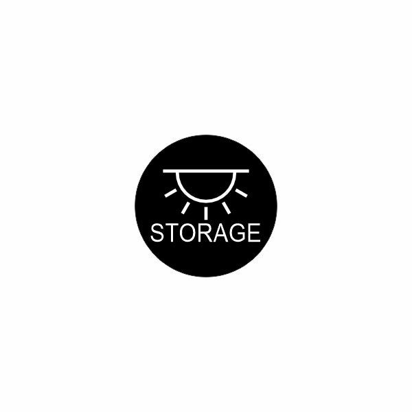 Black circular storage function icon for 22mm actuator showing semicircle graphic and 'STORAGE' label.