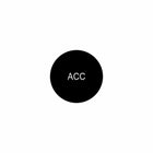 Front view of round black actuator button cap marked "ACC" centered on a white background