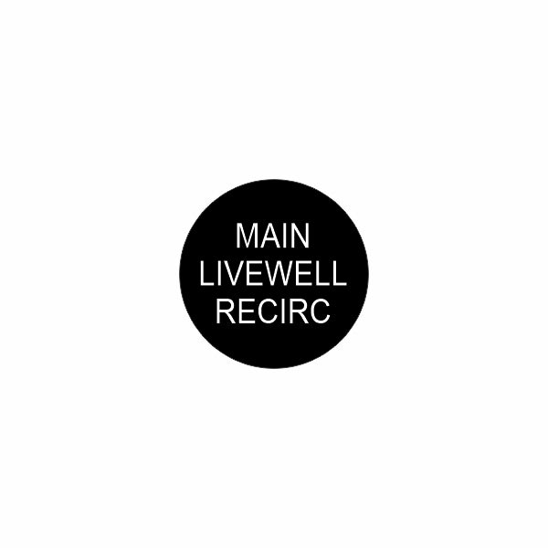 Front view of actuator's round black control label reading "MAIN LIVEWELL RECIRC