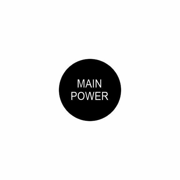 Front view of 22mm actuator cap showing black circular face with white "MAIN POWER" text