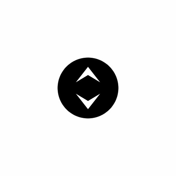 Front view of 22mm actuator faceplate: round black button with white up and down chevrons