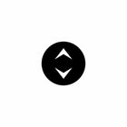 Front view of 22mm actuator faceplate: round black button with white up and down chevrons