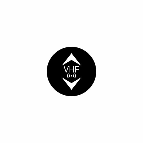 VHF actuator front cap detail: black circular button with white up/down arrows, 'VHF' label and signal icon