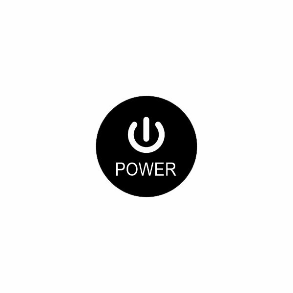 Front-facing view of the actuator's round black power button cap showing white power symbol and "POWER" label.