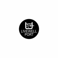 Black circular label displaying a white livewell port icon and centered text "LIVEWELL PORT