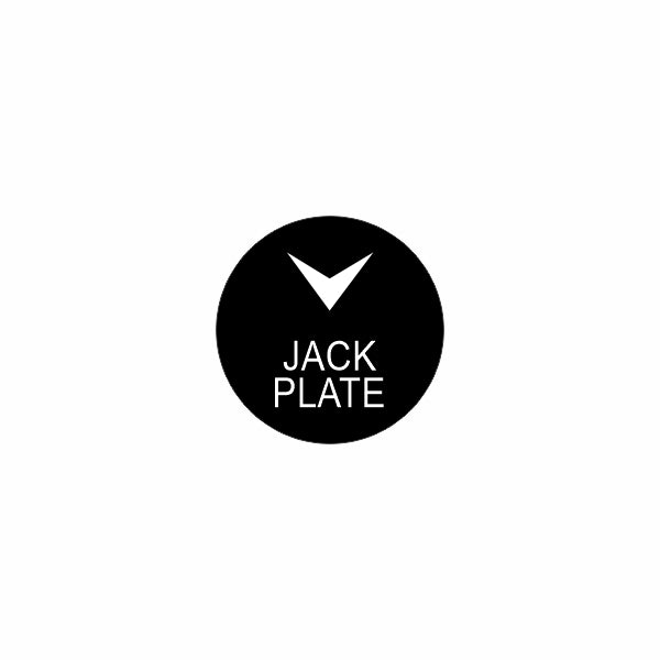 Graphic label showing a downward chevron above 'JACK PLATE' text on a black circular badge