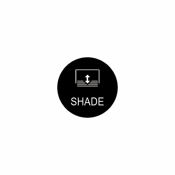 Bluewater 22mm shade actuator control icon showing window shade with up/down arrow and "SHADE" label.