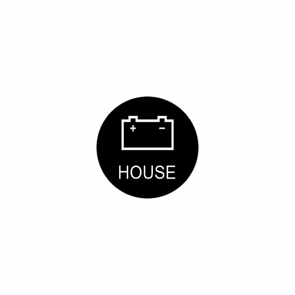Circular black HOUSE control icon showing battery outline with + and − terminals on white background