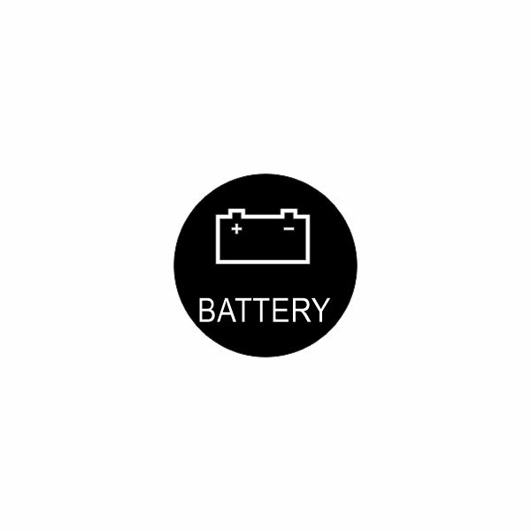 Black circular icon showing battery outline and "BATTERY" label, denoting battery component for the Bluewater actuator.