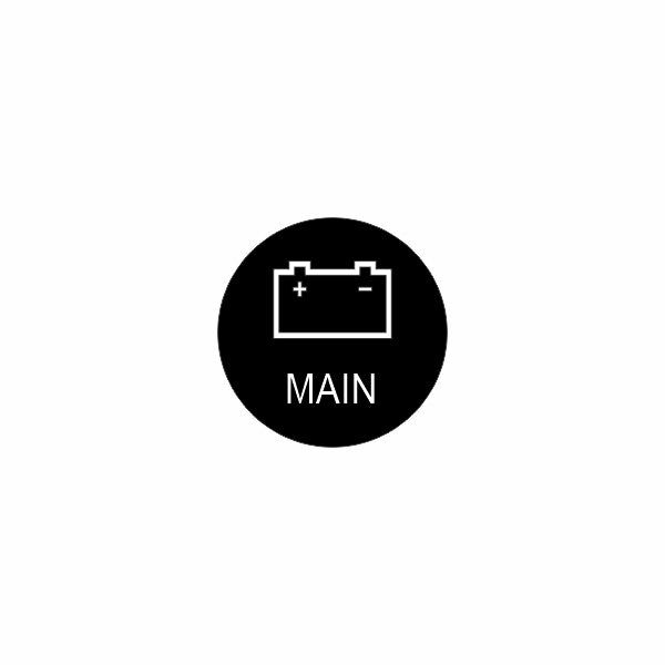 Close-up of actuator face showing black circular icon with battery symbol and "MAIN" label