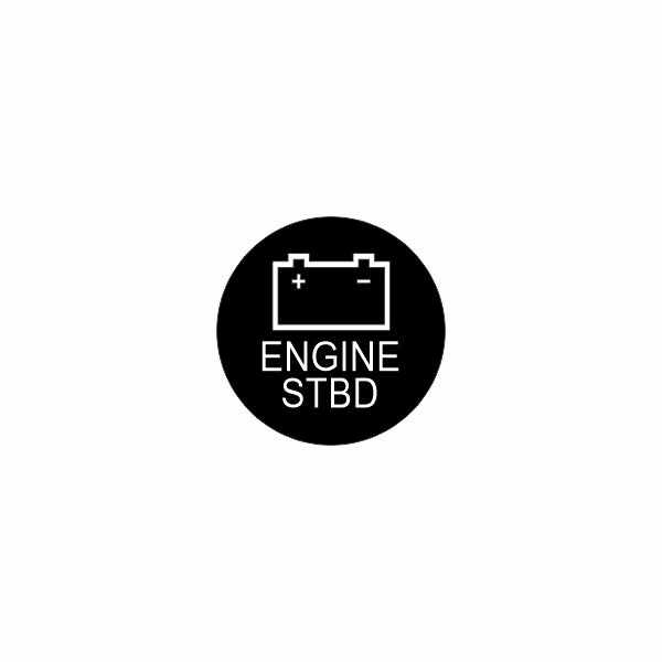 22mm actuator circular control label showing a black disc with a battery icon and "ENGINE STBD" text